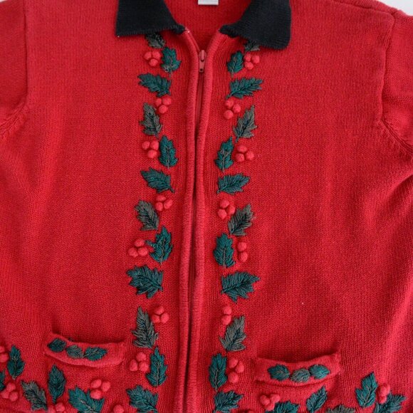 Vintage Dress Barn Christmas Holly Knit Zip Up Cardigan Sweater XL - Picture 7 of 10